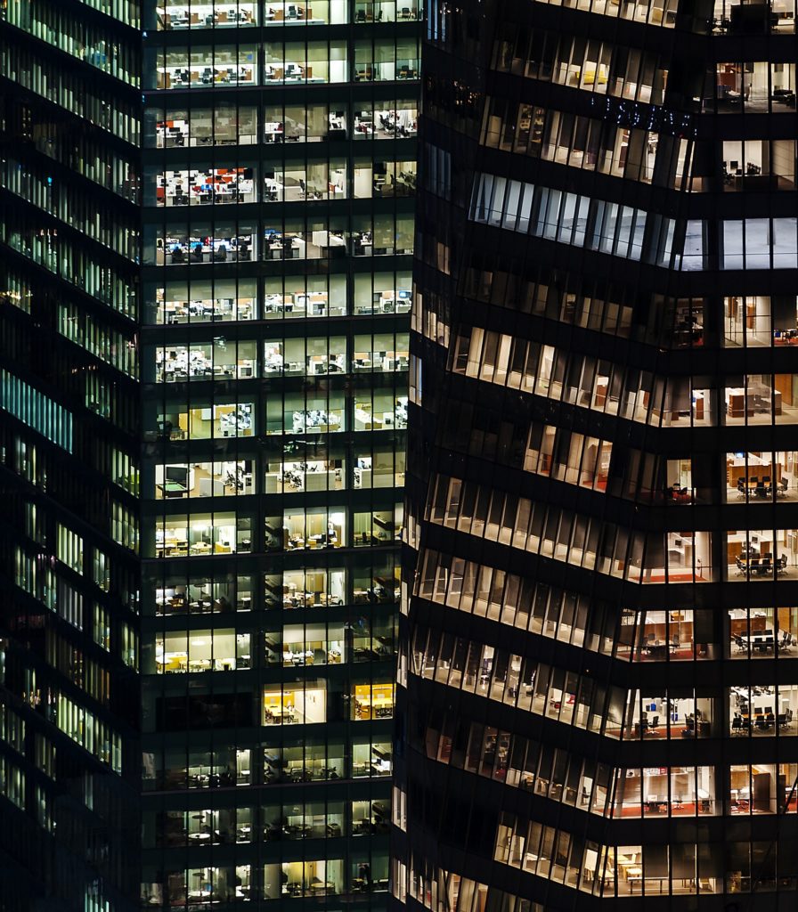 Illuminated highrise buildings at night